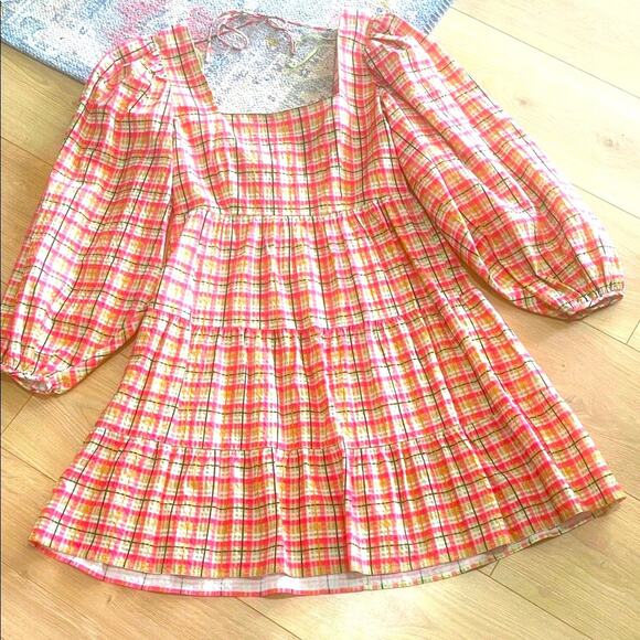 NWT TOPSHOP check Plaid Puff Sleeve mini smoke woman's Dress - Picture 11 of 12